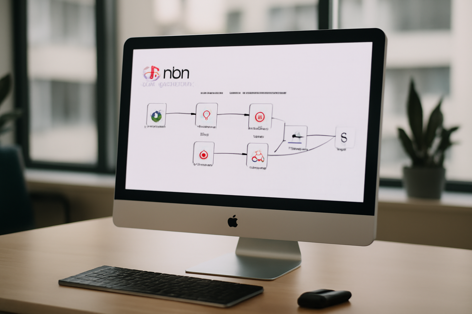 Illustration d'un écran d'ordinateur montrant un workflow d'automatisation n8n lié à la personnalisation e-commerce, avec intégration multicanal et interaction chatbot, dans un cadre professionnel moderne.