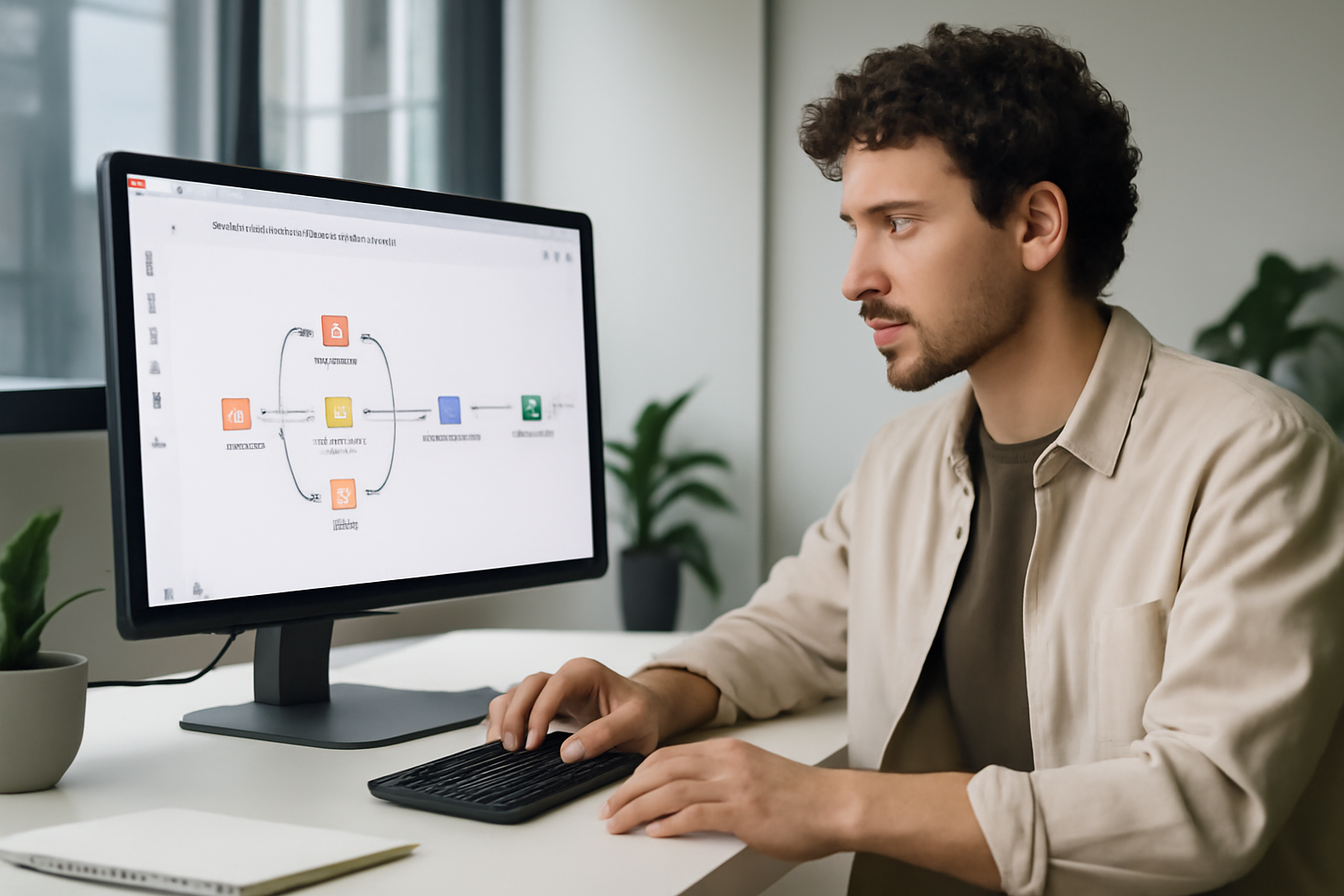 Illustration conceptuelle d'un expert en automatisation numérique travaillant sur des workflows personnalisés pour le e-commerce avec la plateforme n8n dans un environnement de bureau moderne.