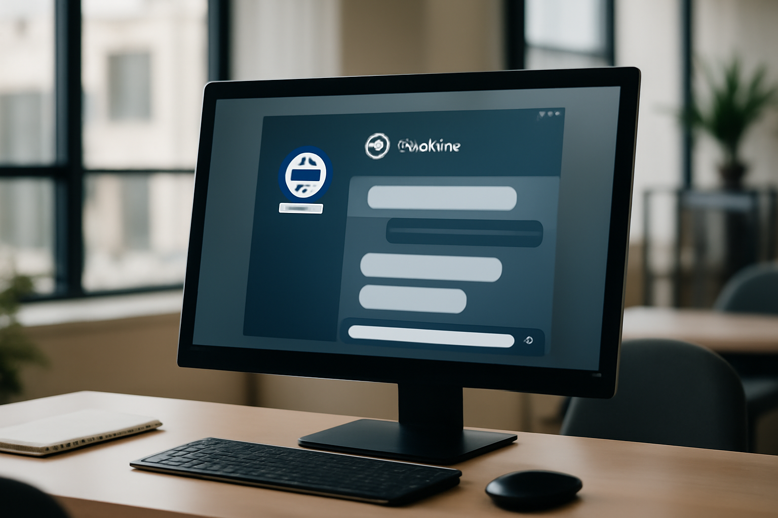 Un chatbot virtuel interactif affiché sur un écran d'ordinateur dans un environnement de bureau moderne, symbolisant l'assistance client e-commerce automatisée et personnalisée.