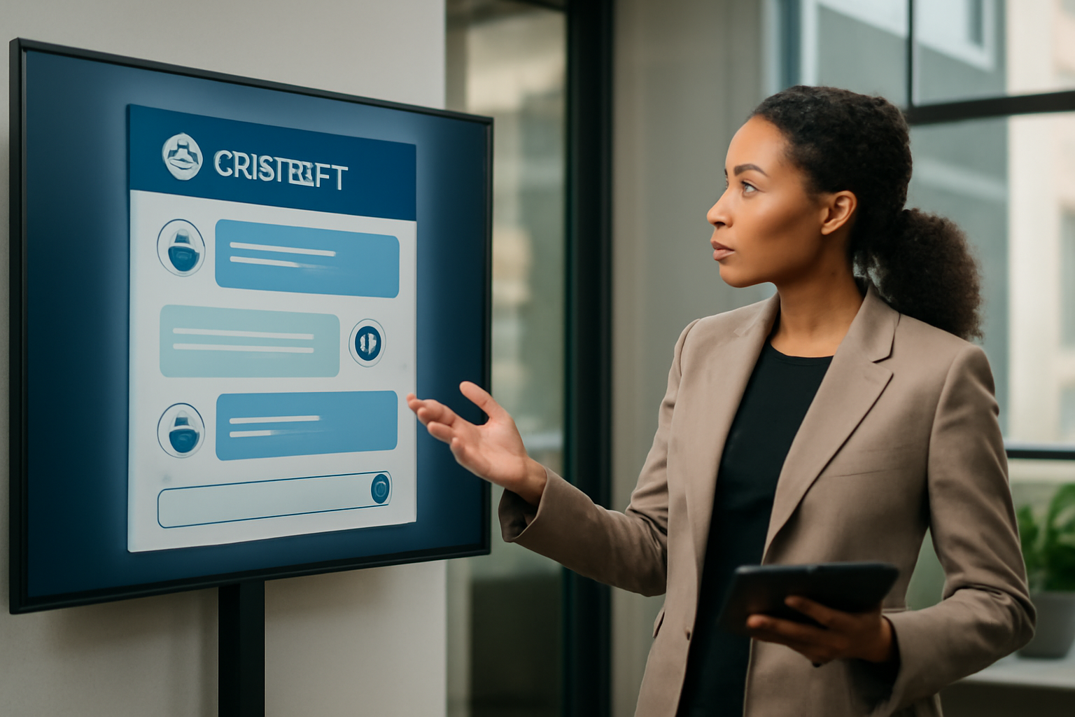 Image d'un expert présentant une interface de chatbot personnalisé sur un écran digital dans un environnement professionnel moderne.