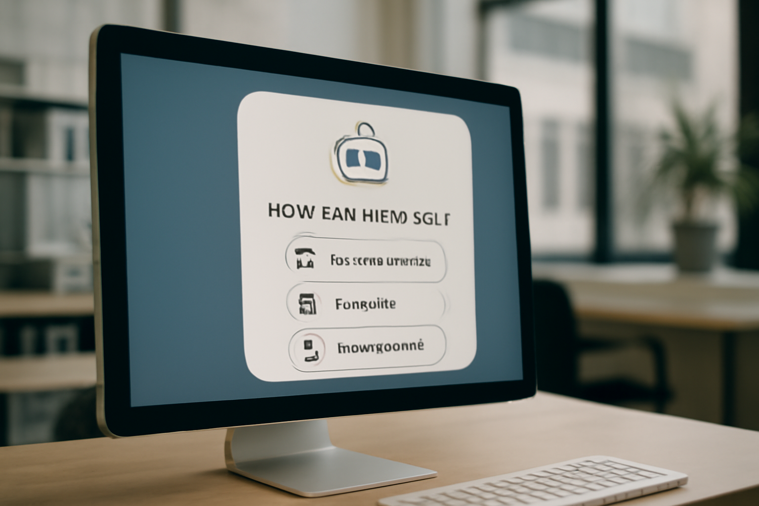 Image représentant un assistant chatbot d'e-commerce interactif sur un écran dans un environnement professionnel de bureau.