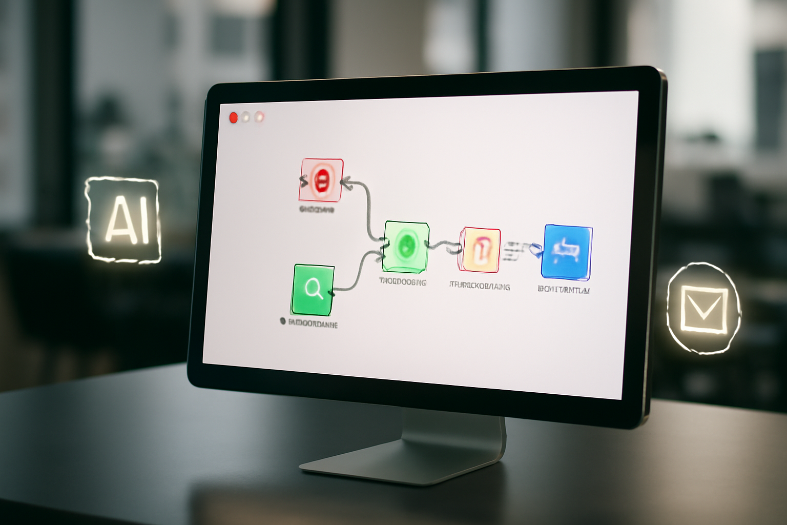 Ordinateur avec écran affichant un workflow d'automatisation n8n pour relance des paniers abandonnés sur une boutique en ligne, avec symboles d'IA et d'e-mail autour.