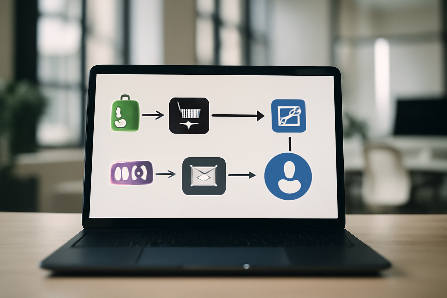 Illustration d'un workflow d'automatisation en e-commerce pour la récupération des paniers abandonnés, intégrant des éléments technologiques et des icônes de plateformes e-commerce.