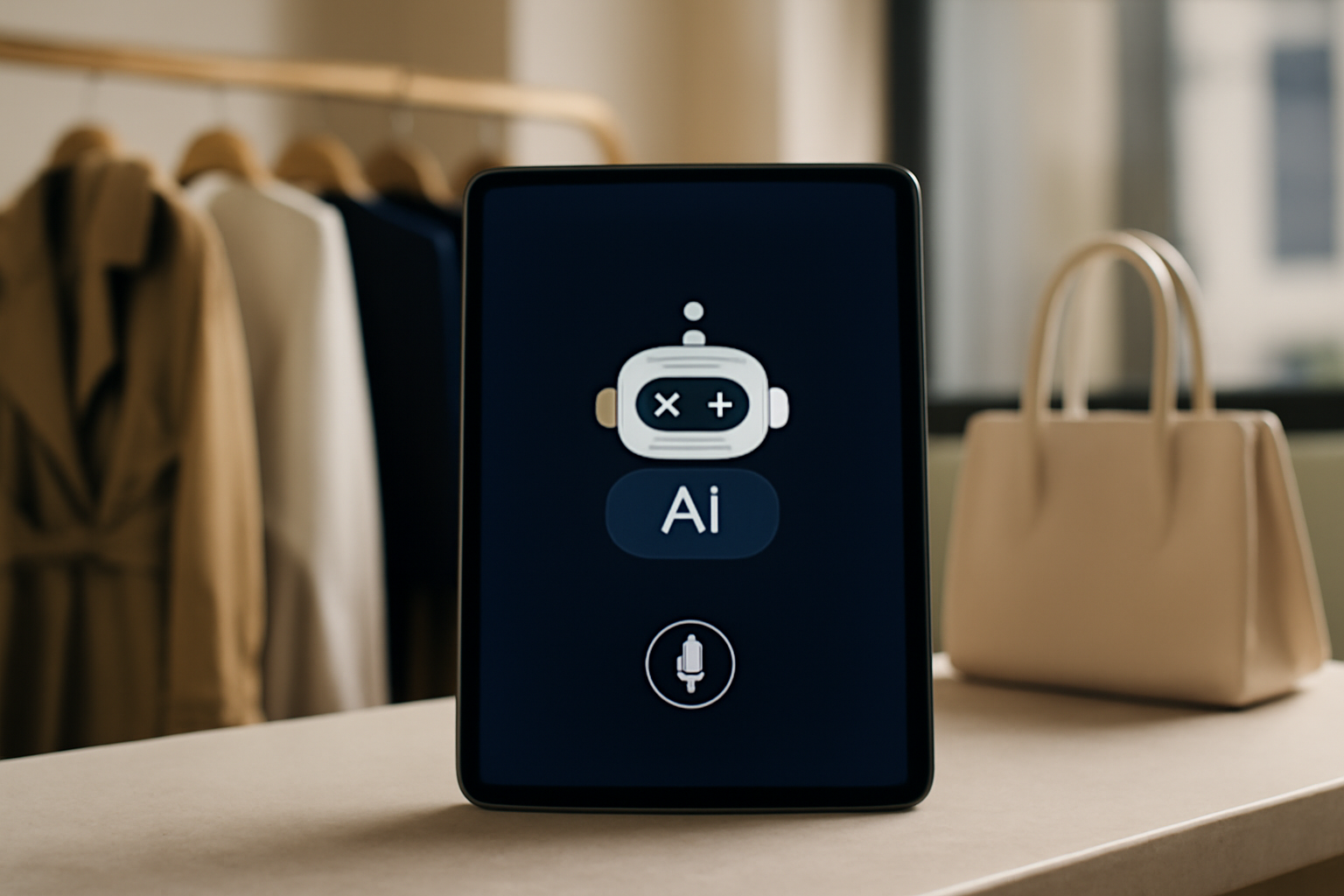 Un assistant IA interactif sur un écran numérique dans un environnement e-commerce moderne, symbolisant la personnalisation et l'engagement client.