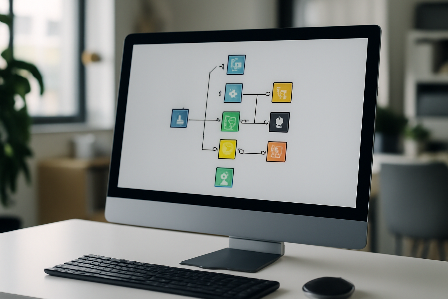 Interface de workflow automatisé affiché sur un écran d’ordinateur dans un bureau moderne avec des notifications Slack sur un smartphone à côté, illustrant l’automatisation des alertes métiers