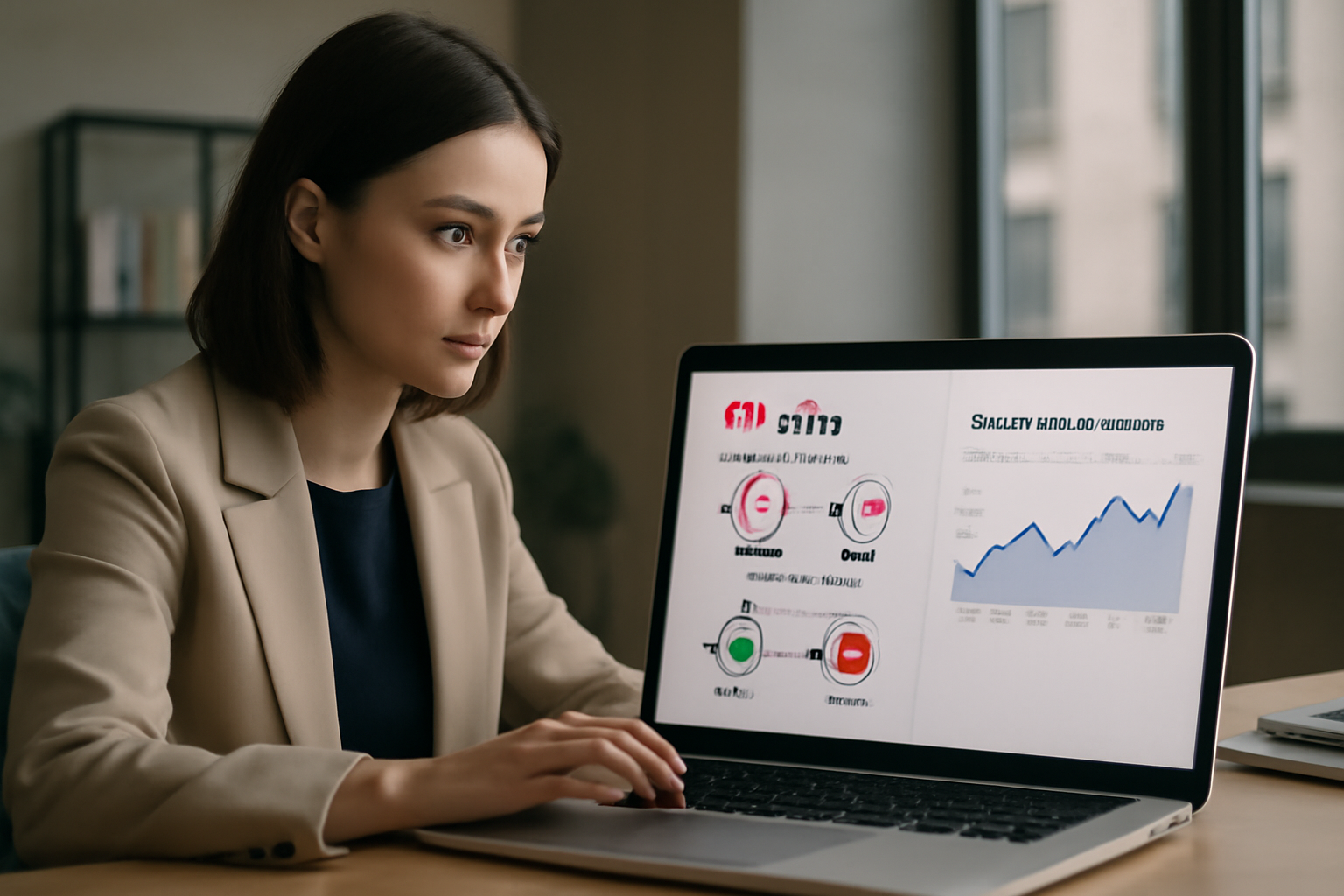 Interface de tableau de bord digital affichant des alertes métiers automatisées avec des graphiques et flux de données, symbolisant n8n et l’analyse prédictive IA