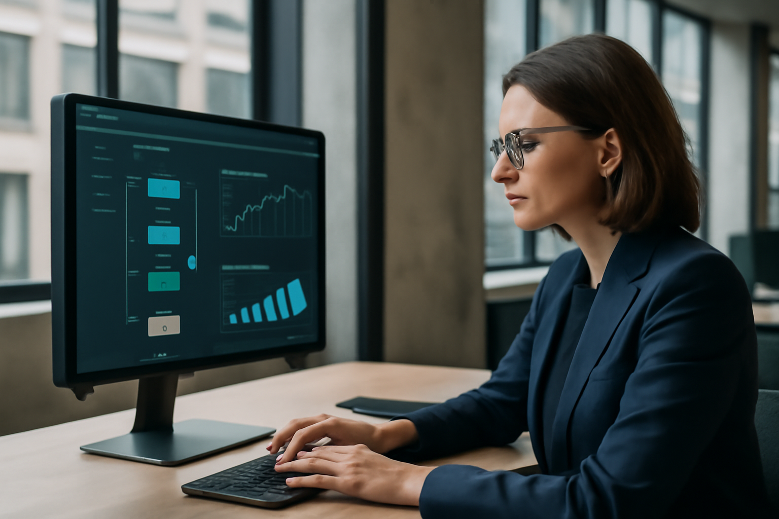 Expert en technologie travaillant sur une plateforme no-code/low-code avec visualisation de données prédictives sur écran dans un bureau moderne