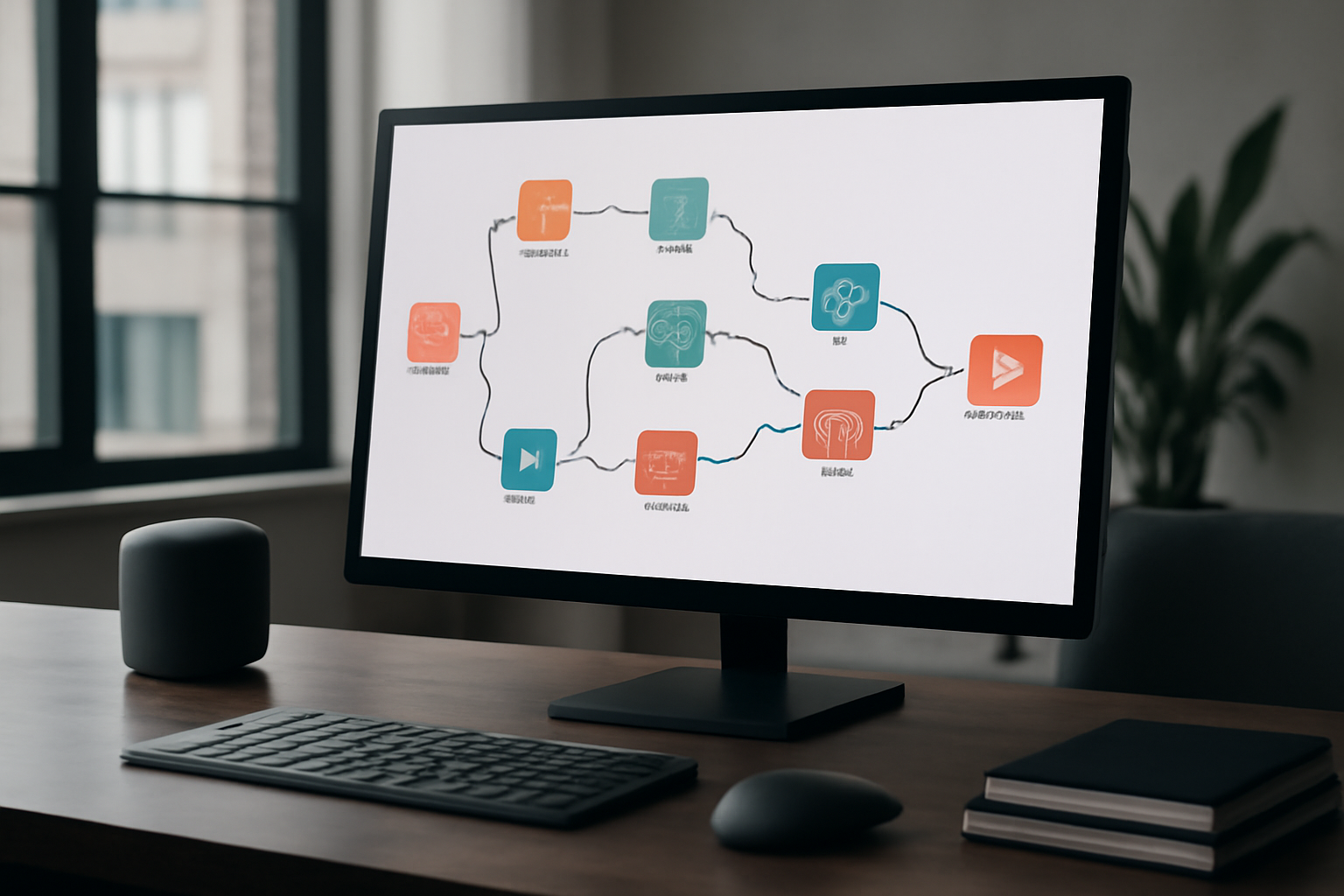 Un poste de travail high-tech avec un écran affichant un workflow complexe d'automatisation dans n8n, incluant des éléments d'intelligence artificielle et de données clients, dans un bureau moderne.