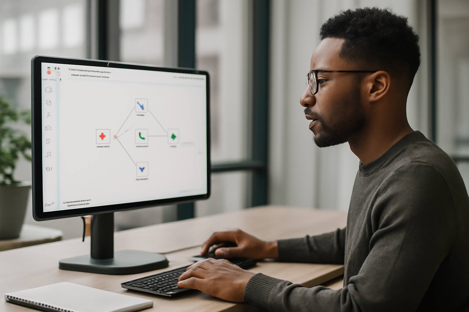 Illustration d'un expert en automatisation IA utilisant la plateforme n8n pour configurer des workflows marketing personnalisés sur un ordinateur dans un environnement de bureau moderne.