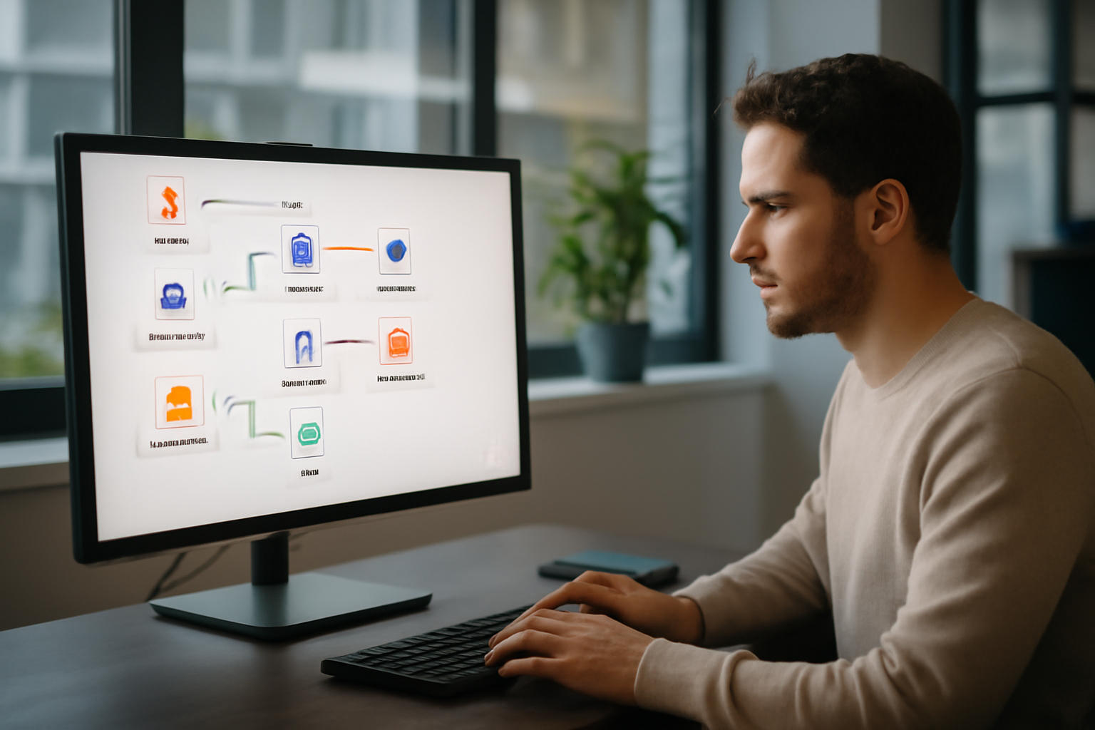 Schéma éditorial illustrant une orchestration de pipelines de machine learning avec la plateforme n8n, incluant des étapes de collecte, nettoyage, entraînement, déploiement et monitoring en environnement de bureau moderne.