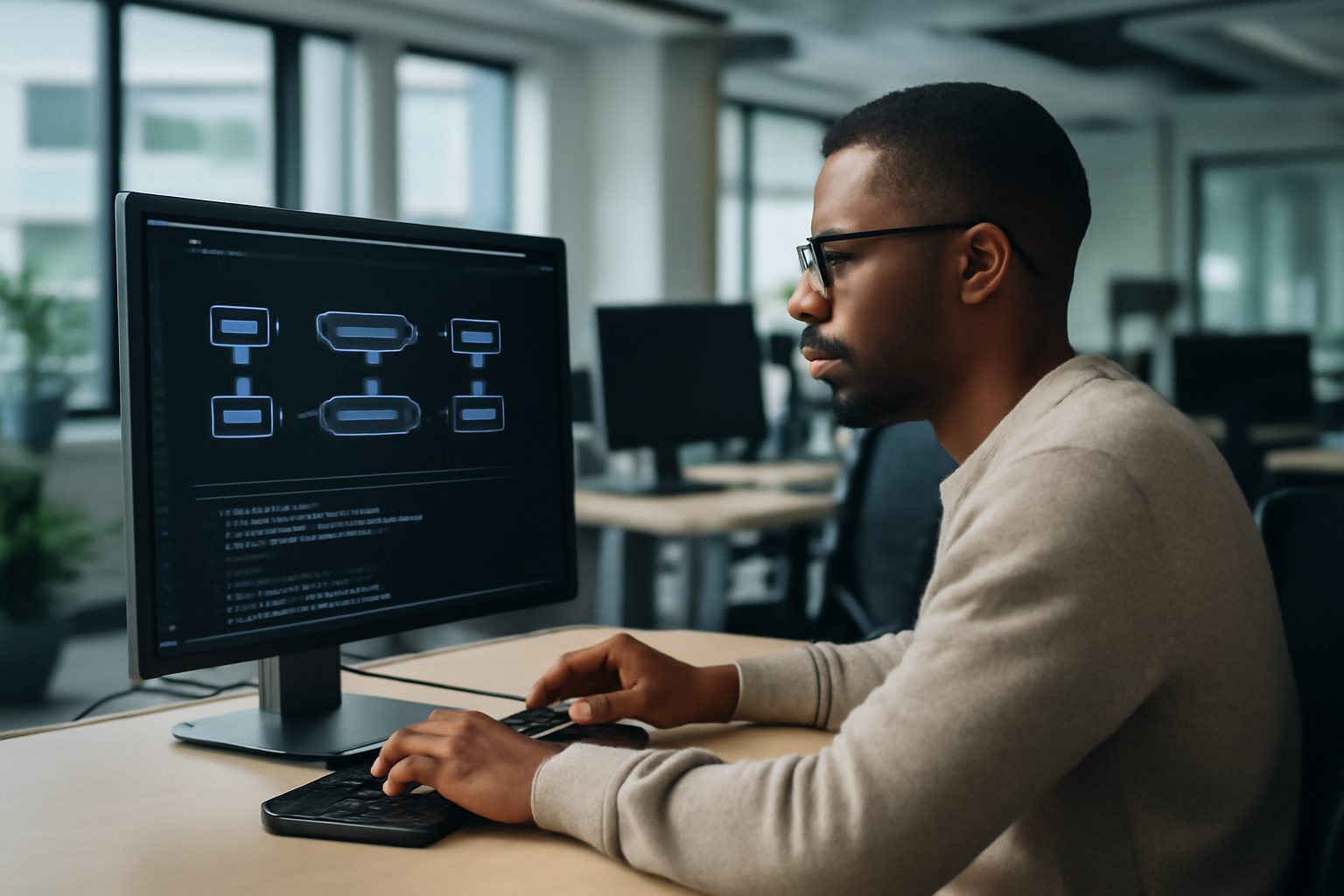 Image montrant un expert en automatisation IA travaillant sur un ordinateur avec des représentations graphiques de pipelines ML, intégrations API et agents IA dans un cadre moderne de bureau technologique.
