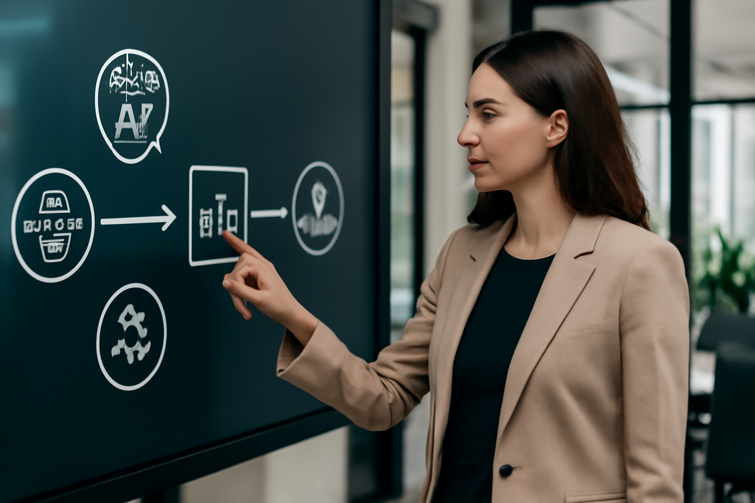 Un professionnel des ressources humaines utilisant un tableau de bord digital montrant un workflow automatisé avec des icônes représentant l'IA et la gestion des talents.