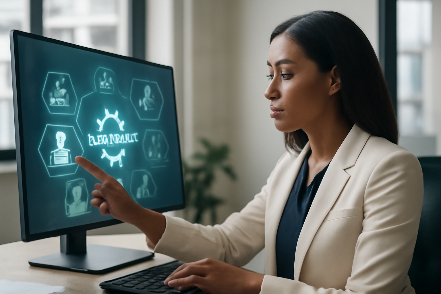 Représentation d'un professionnel des RH utilisant une interface digitale d'automatisation IA pour la gestion des talents au travail