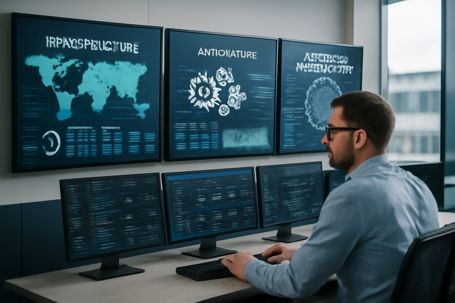 Image représentant des infrastructures IT avec des éléments visuels d'automatisation et d'intelligence artificielle en contexte professionnel.