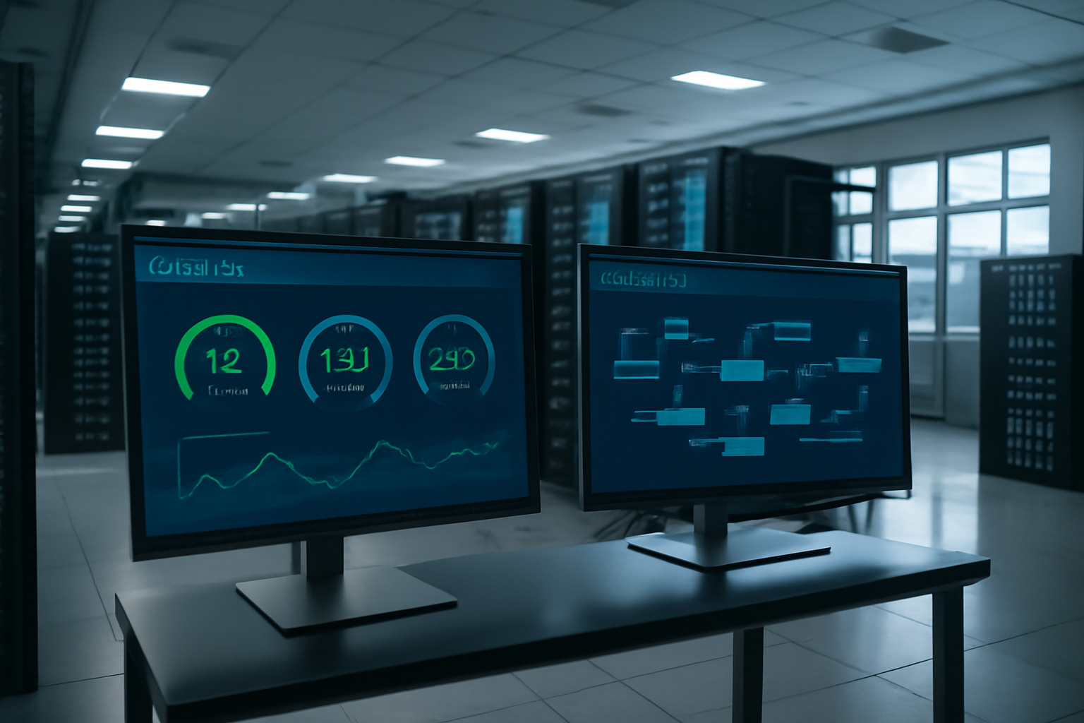 Image éditoriale illustrant un centre de données IT avec des écrans affichant des flux de données énergétiques et des workflows automatisés, symbolisant l’association d’une plateforme d’automatisation open-source et de l’intelligence artificielle prédictive