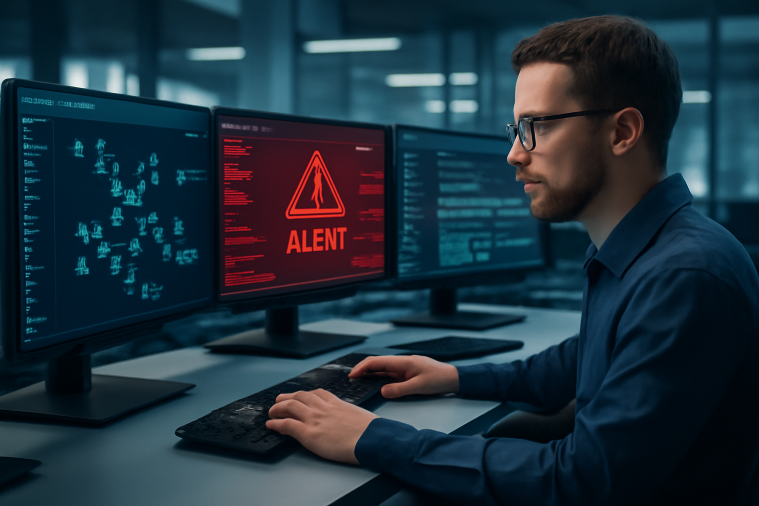 Illustration d'un professionnel IT utilisant un workflow automatisé avec des écrans montrant des données et alertes informatiques dans un centre de gestion de crise IT