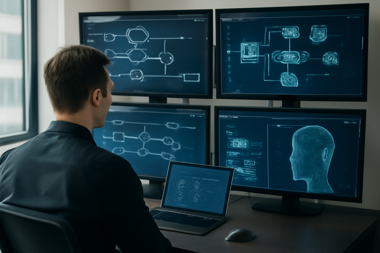 Centre de contrôle informatique moderne avec écrans affichant des workflows automatisés, API, et interfaces d'IA, illustrant la gestion intelligente des incidents IT avec n8n.