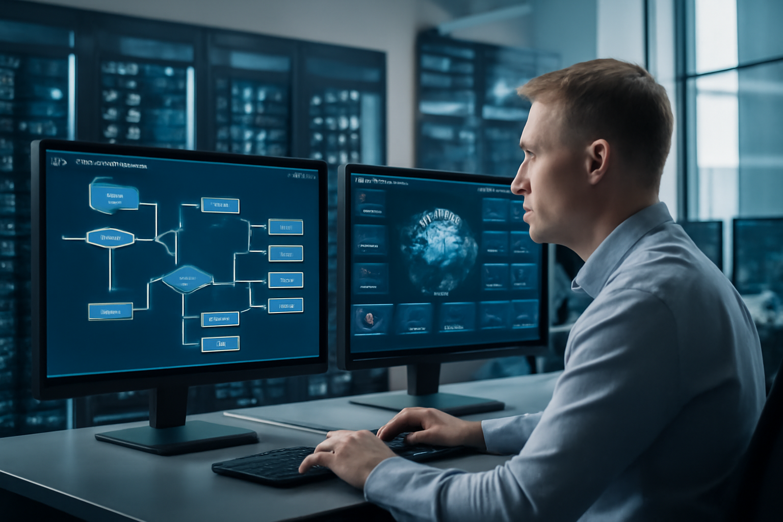 Illustration d'une plateforme d'automatisation IT intégrant l'intelligence artificielle pour la gestion des incidents et la sécurité informatique.
