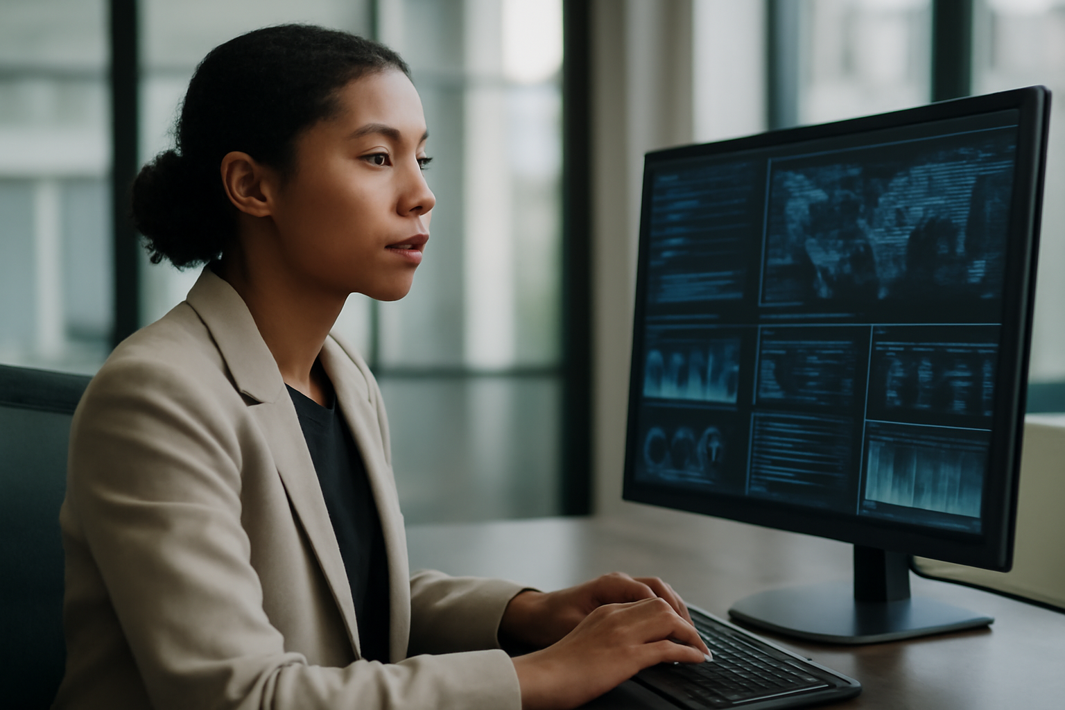 Un professionnel en environnement de bureau technologique, utilisant un écran avec des visualisations de données IT complexes, illustrant l'automatisation et l'intelligence artificielle dans la gestion des catastrophes IT.