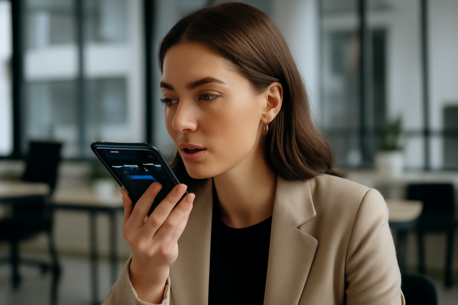 Illustration d'une personne utilisant un assistant vocal sur smartphone dans un environnement de bureau moderne.