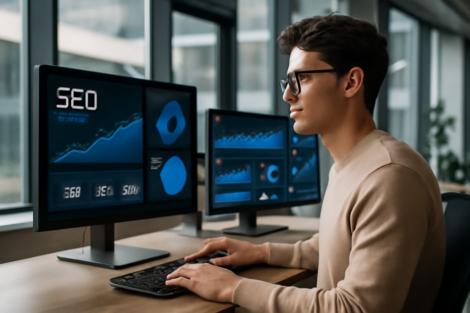 Expert SEO en train d'analyser des données sur des écrans modernes dans un bureau hi-tech.