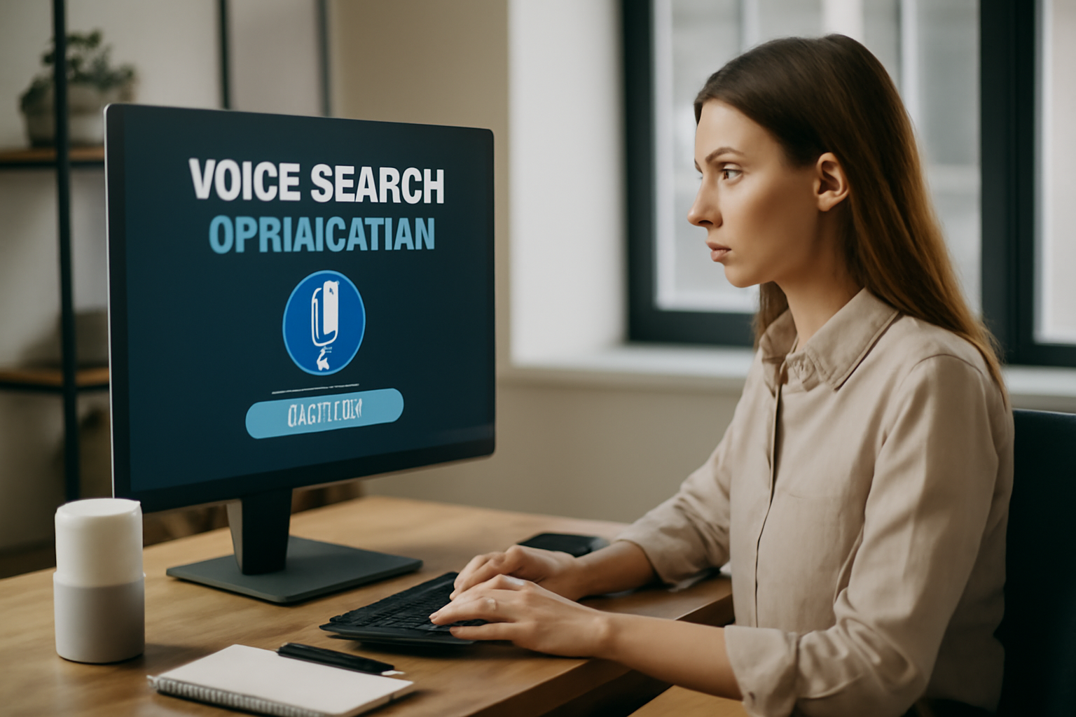 Image éditoriale représentant un professionnel du SEO travaillant sur l'optimisation pour la recherche vocale en 2024, avec un ordinateur affichant des graphiques et un assistant vocal à proximité.