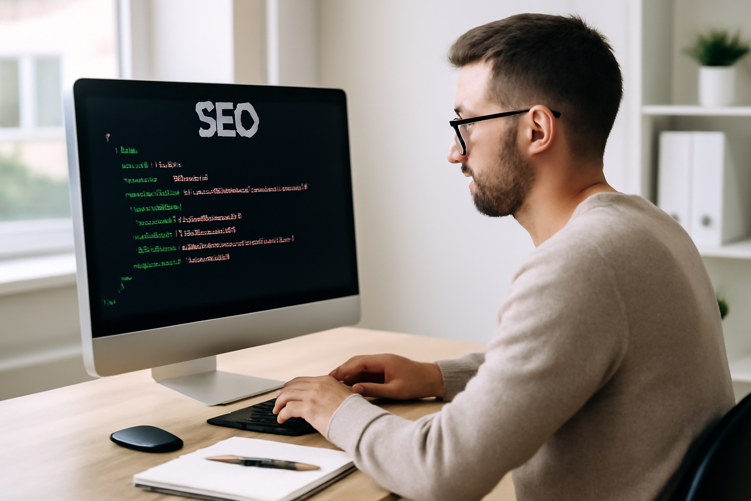 Un expert SEO travaillant sur un ordinateur avec des codes JSON-LD affichés à l'écran, dans un bureau moderne lumineux, évoquant le travail technique avancé d'optimisation SEO via les données structurées.
