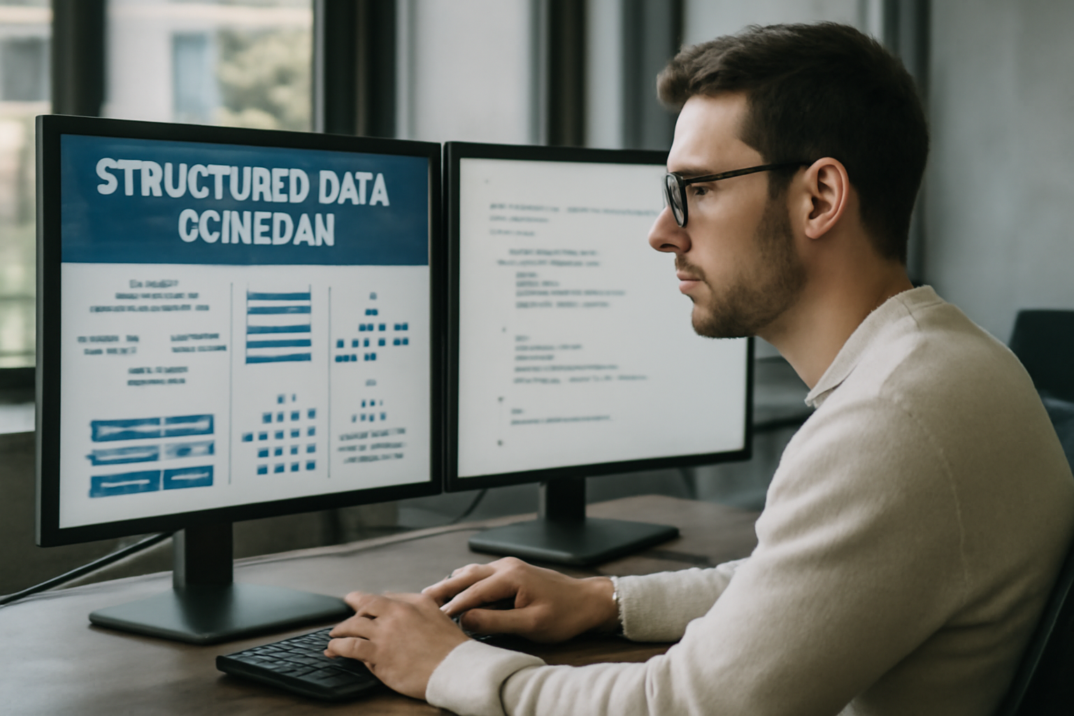 Illustration mettant en scène un professionnel du SEO travaillant sur des schémas de données structurées affichés sur plusieurs écrans dans un environnement de bureau technique.