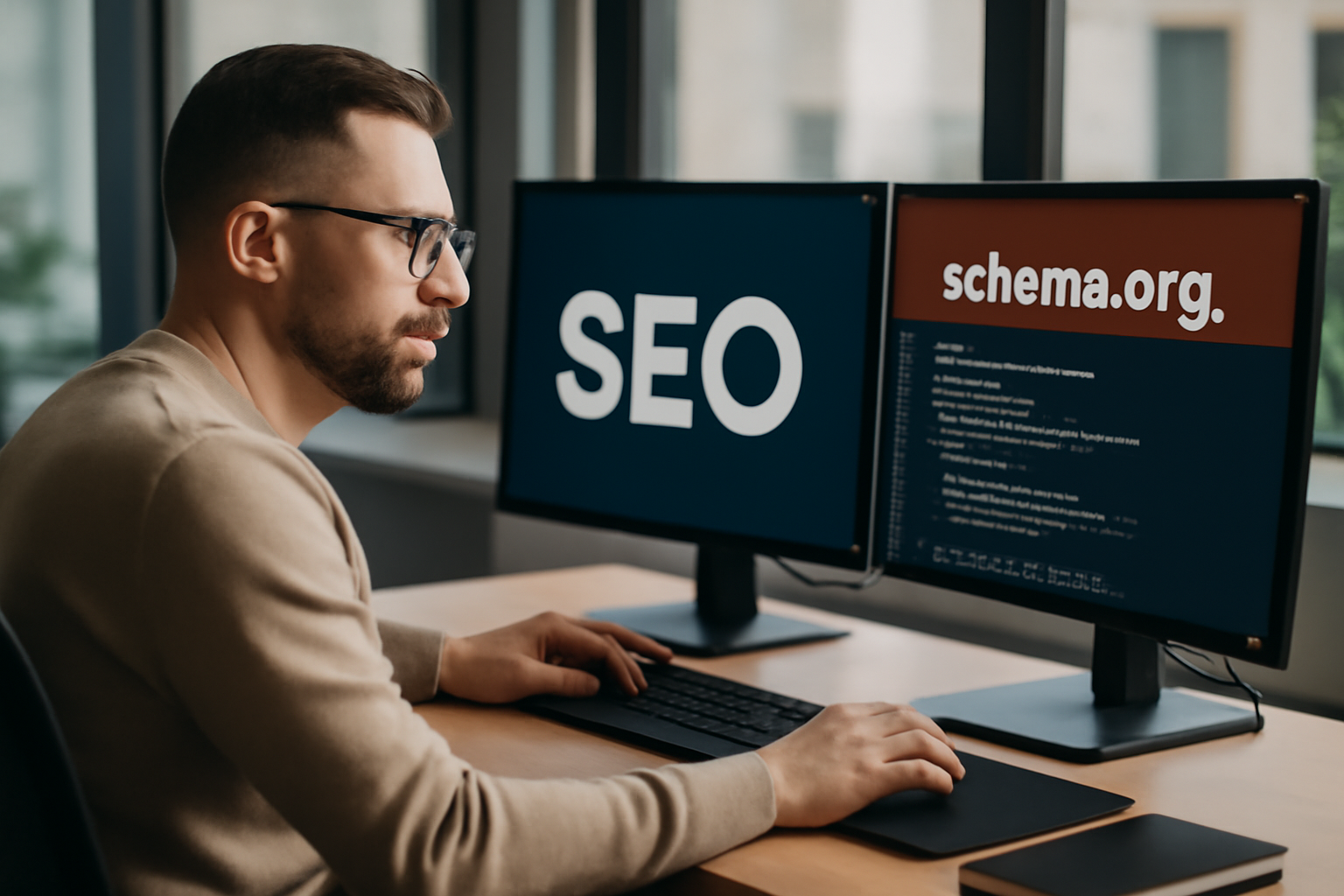 Illustration d'un expert SEO travaillant sur la structure des données schema.org avec des outils techniques sur un écran d'ordinateur dans un bureau moderne.