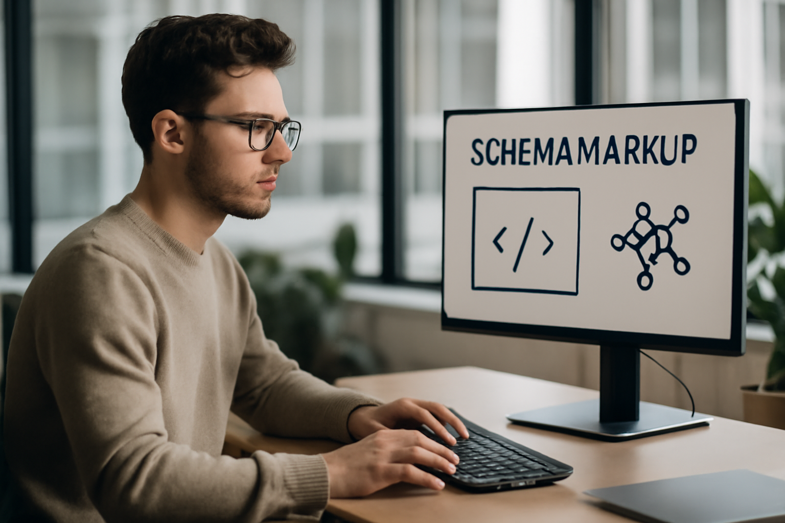 Représentation visuelle d'un professionnel du SEO travaillant sur l'optimisation technique des balises schema dans un environnement de bureau moderne.