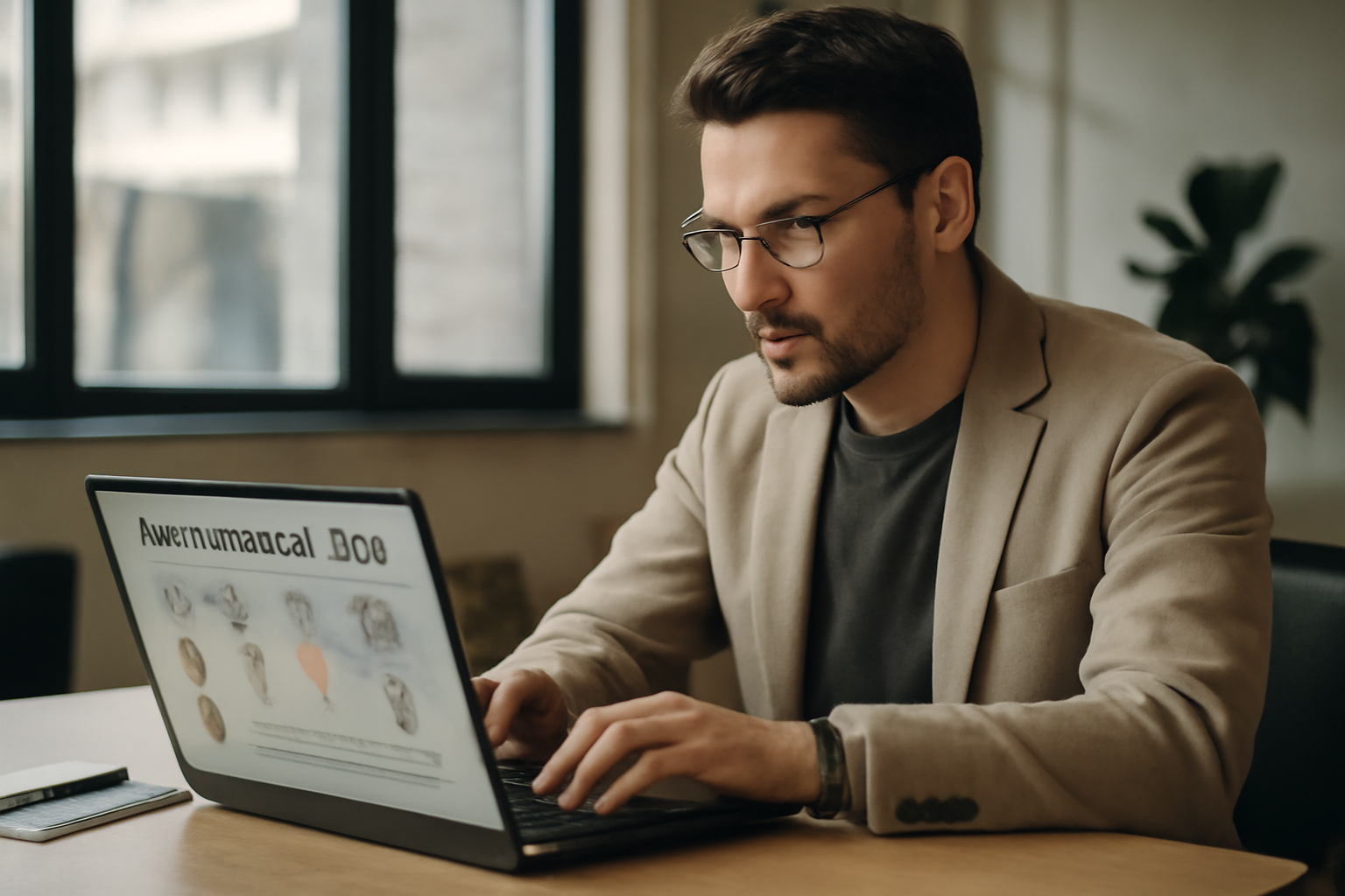 Expert SEO analysant des données multilingues sur son ordinateur dans un bureau moderne.