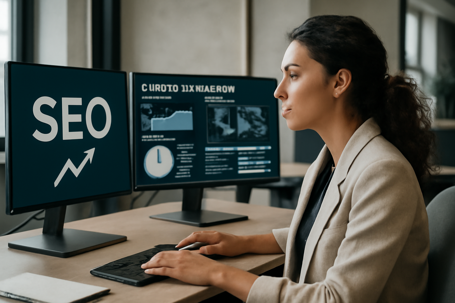 Image illustrant un expert SEO analysant des données multilingues sur plusieurs écrans dans un environnement de bureau moderne.
