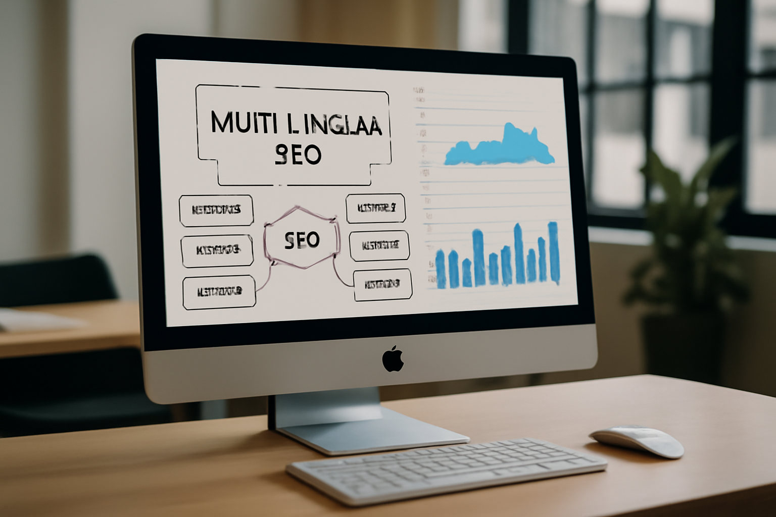 Illustration représentant une stratégie SEO multilingue avec un ordinateur affichant des cartes linguistiques et des graphiques d'analyse dans un bureau moderne.