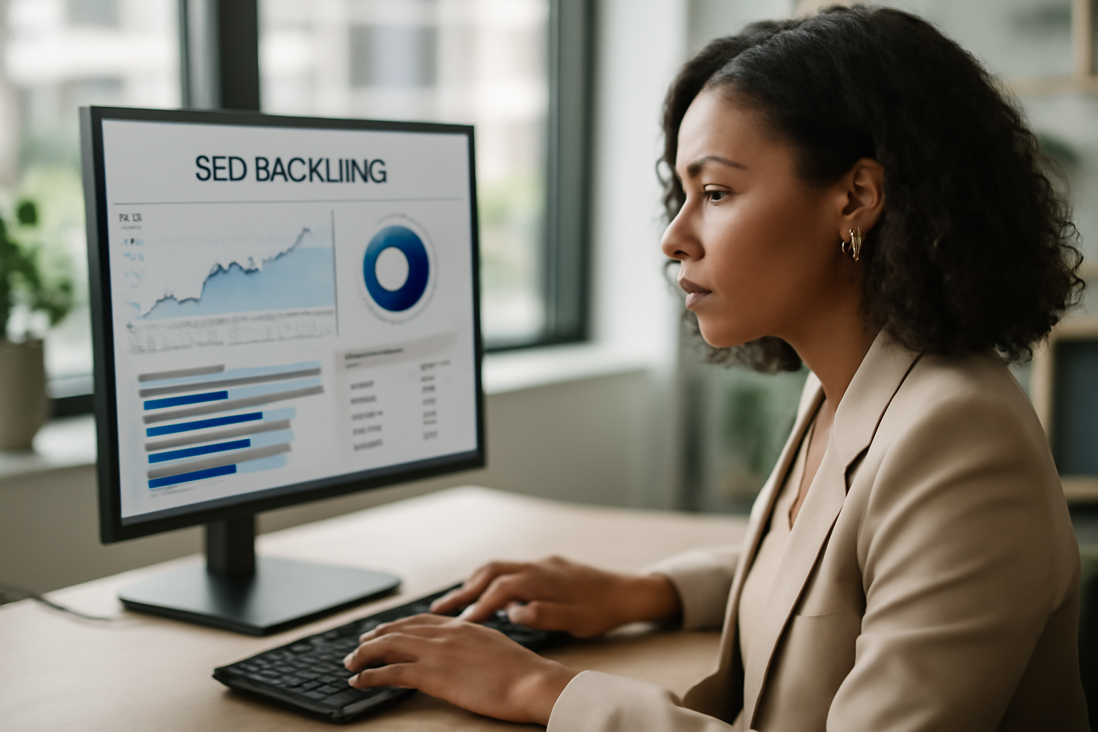 Image illustrant une séance de travail SEO avec un professionnel analysant des données de netlinking sur un ordinateur dans un bureau moderne.