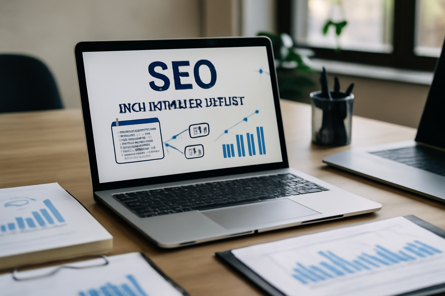 Illustration représentant une stratégie digitale SEO et netlinking avec des graphiques, des ordinateurs et des éléments numériques symbolisant les backlinks et l'optimisation de site web.