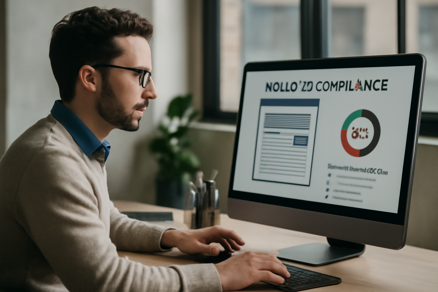 Consultant SEO analysant la conformité WCAG 2.2 d'un site web dans un bureau moderne