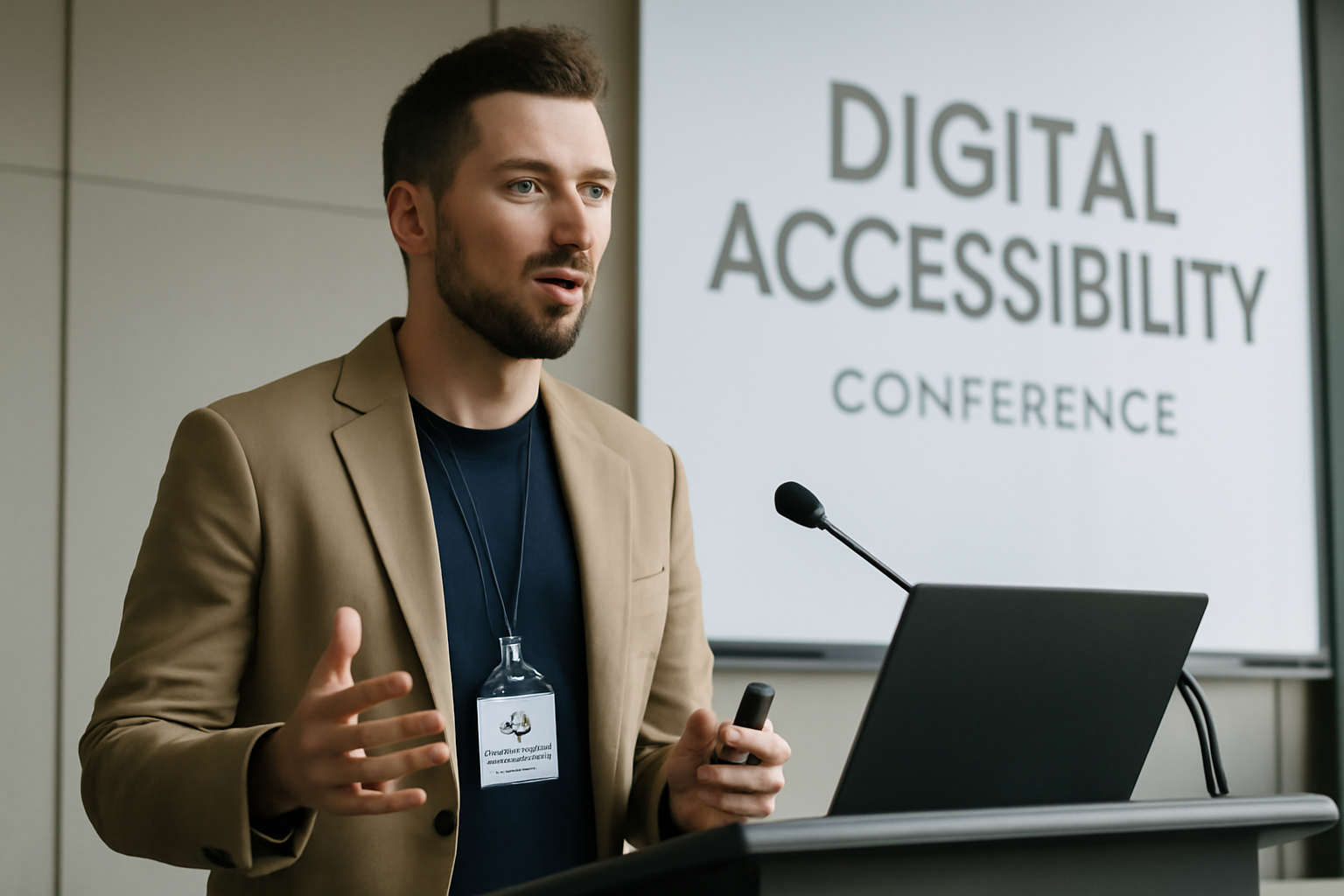 Un expert SEO en conférence expliquant la conformité WCAG 2.2 et ses impacts sur le référencement naturel en 2025.