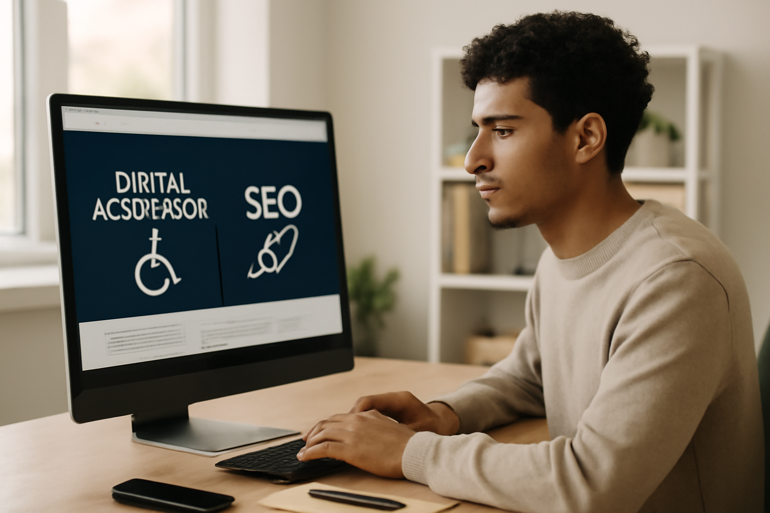 Illustration représentant l'accessibilité numérique et le SEO avec des éléments web et des technologies d'audit en arrière-plan