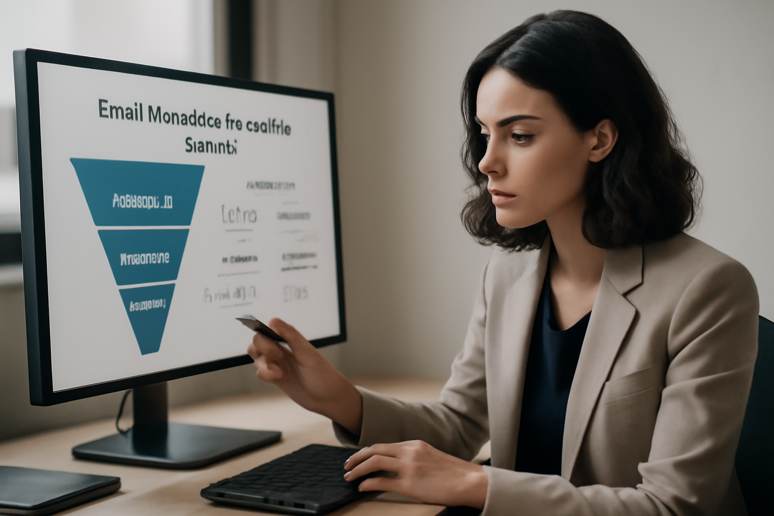 Spécialiste marketing utilisant un ordinateur avec des graphiques et outils d'analyse email marketing affichés à l'écran dans un environnement de bureau moderne.