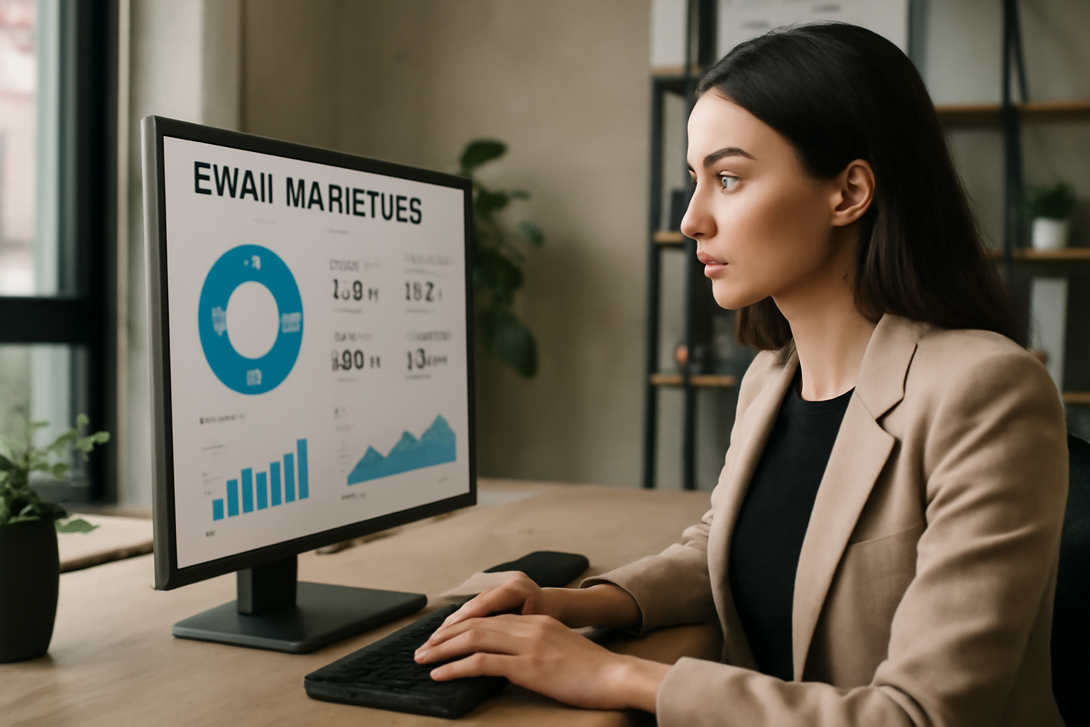 Image illustrant un professionnel du marketing digital analysant des données de campagnes email marketing sur un ordinateur dans un bureau moderne.