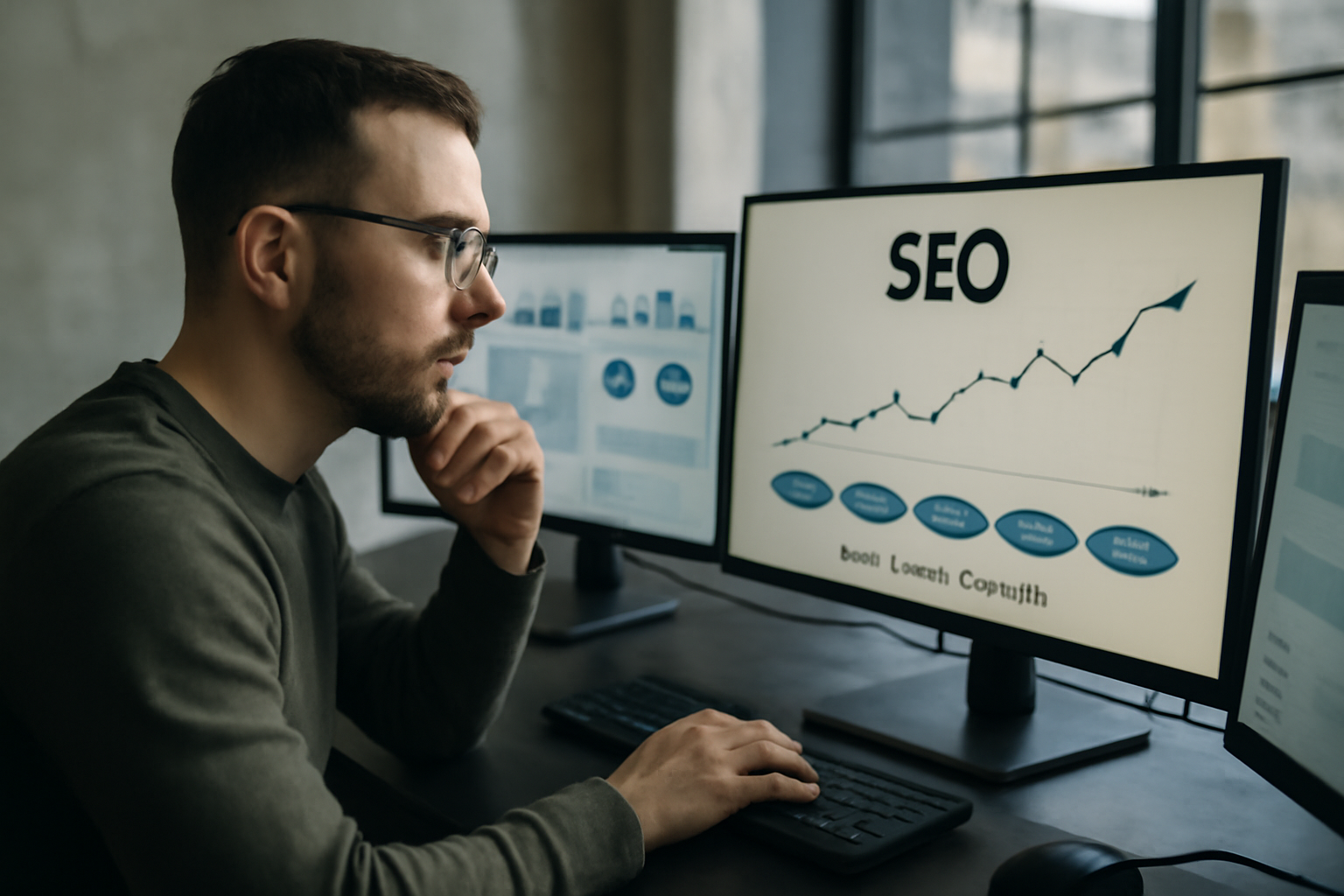 Illustration d'un expert SEO étudiant des données analytiques de parcours client sur plusieurs écrans d'ordinateur dans un bureau technologique.