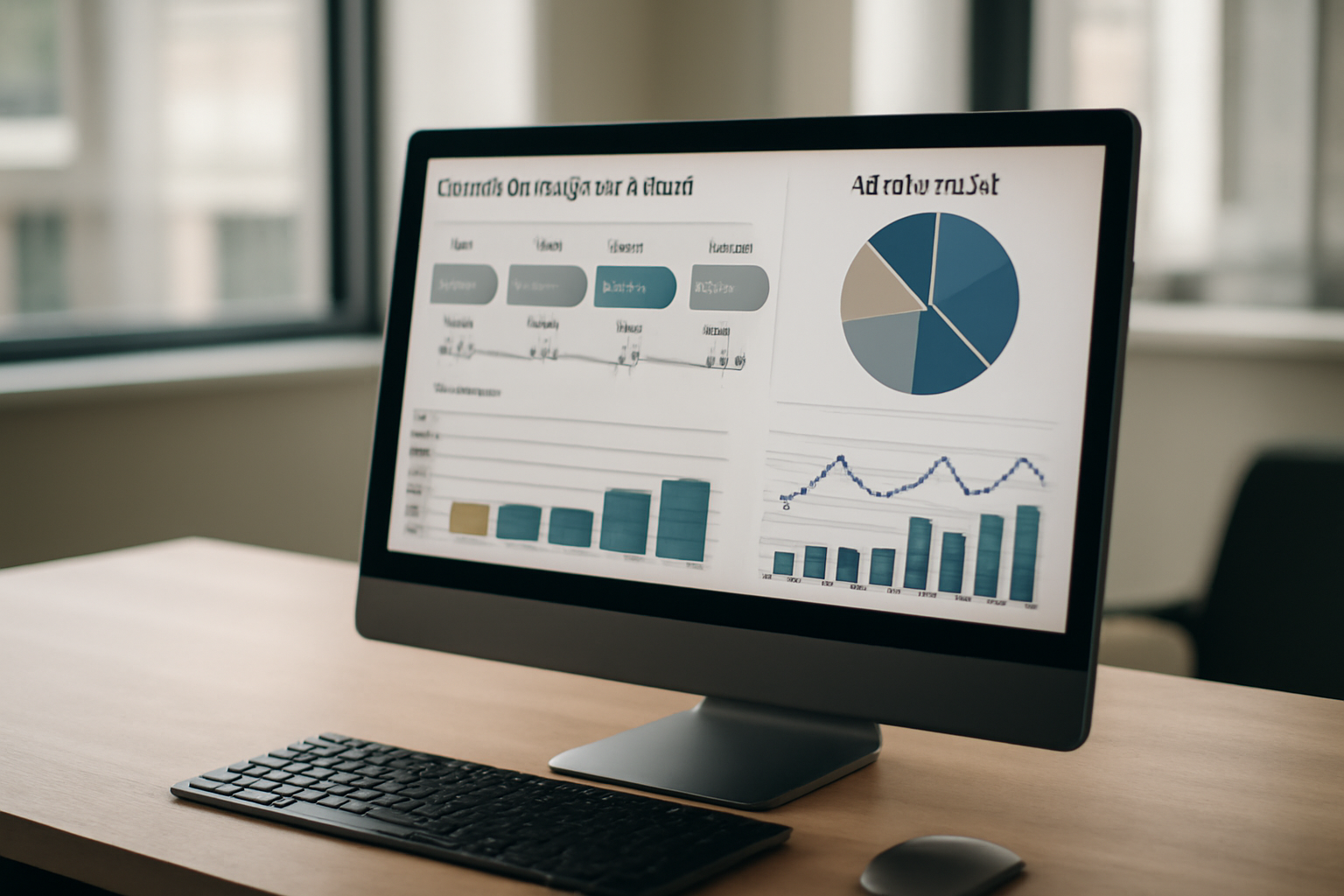 Illustration de la cartographie du parcours client et d'analyse SEO avec graphiques et diagrammes sur un écran d'ordinateur dans un cadre professionnel.