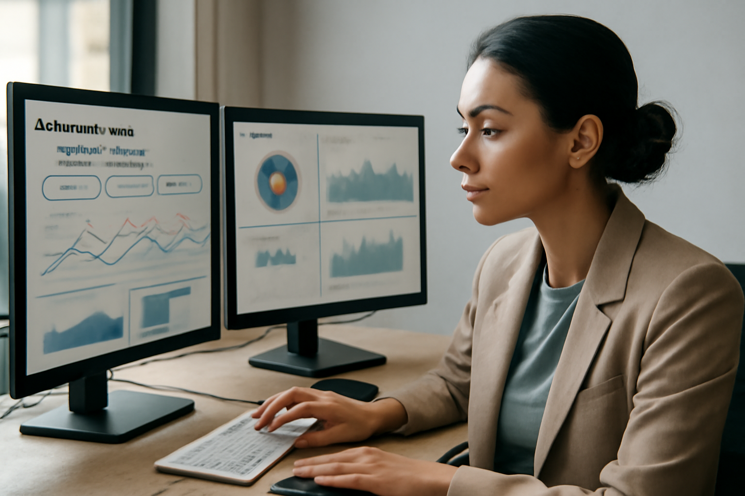 Illustration représentant un expert SEO analysant le parcours client sur plusieurs écrans d'ordinateur avec des graphiques et outils d'analyse visibles, dans un bureau lumineux et professionnel.