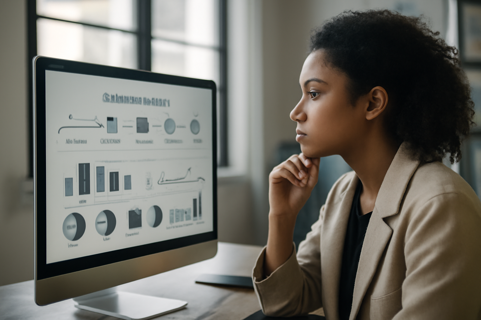 Personne analysant des données de parcours client sur un grand écran d'ordinateur dans un bureau moderne