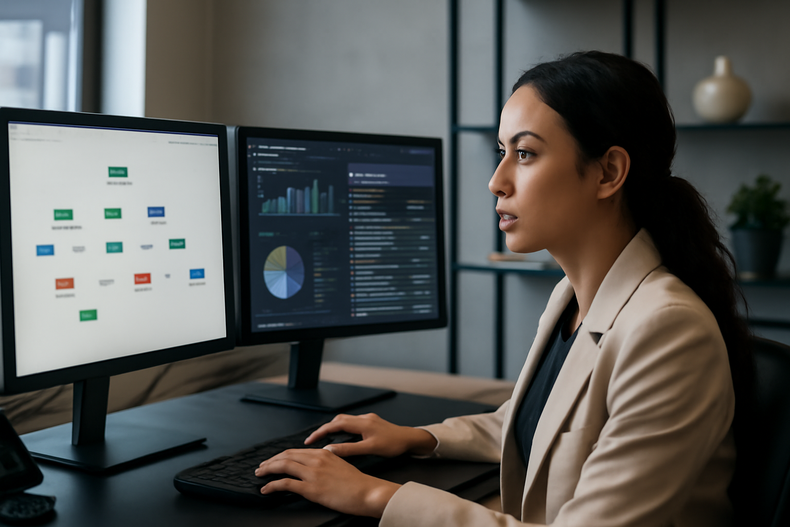 Un professionnel du marketing travaillant sur un ordinateur avec plusieurs écrans affichant des interfaces d'automatisation de workflows et de gestion de campagnes marketing.
