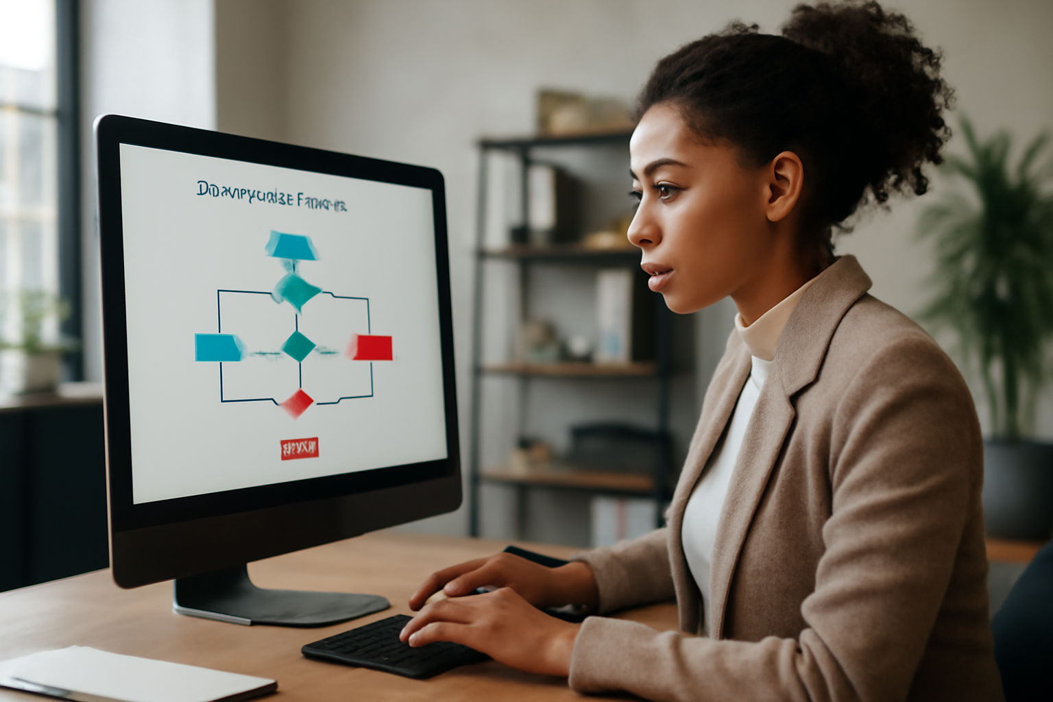 Illustration d'un expert en marketing digital configurant des workflows d'automatisation sur un écran d'ordinateur dans un bureau moderne.