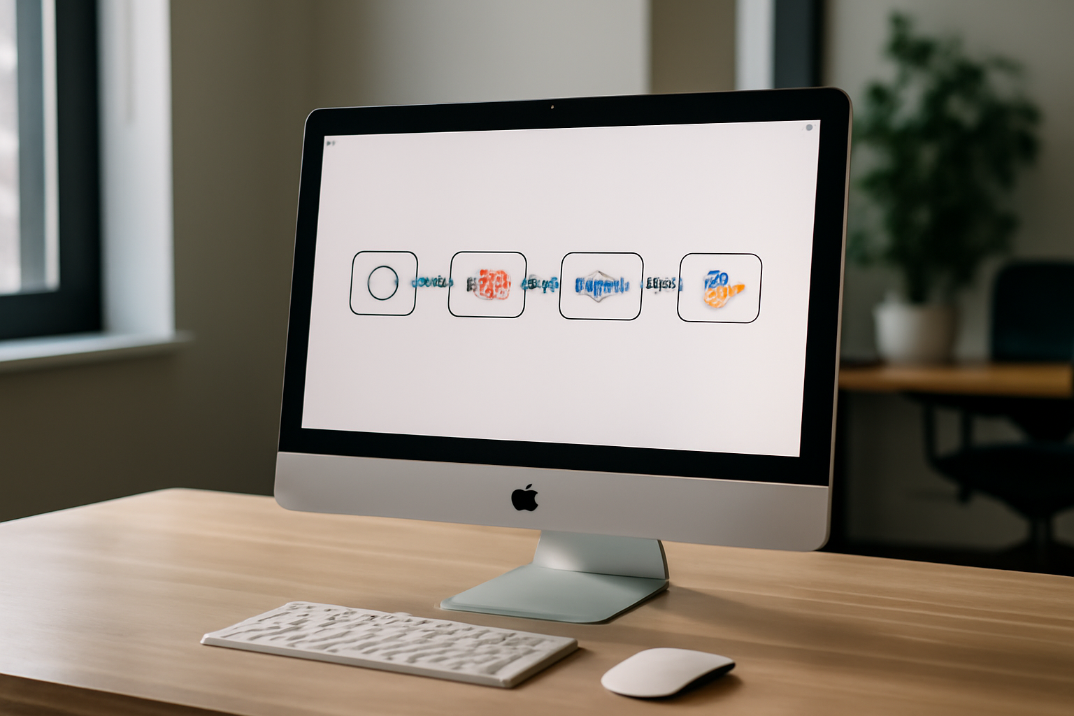 Illustration représentant un écran d’ordinateur affichant un workflow automatisé connecté à plusieurs applications SaaS comme HubSpot, Stripe, et Slack, symbolisant l’orchestration et l’automatisation des données entre les outils.