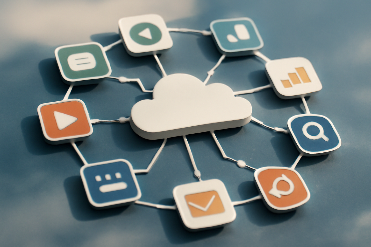 Illustration d'un système d'automatisation de workflows entre diverses applications SaaS connectées.