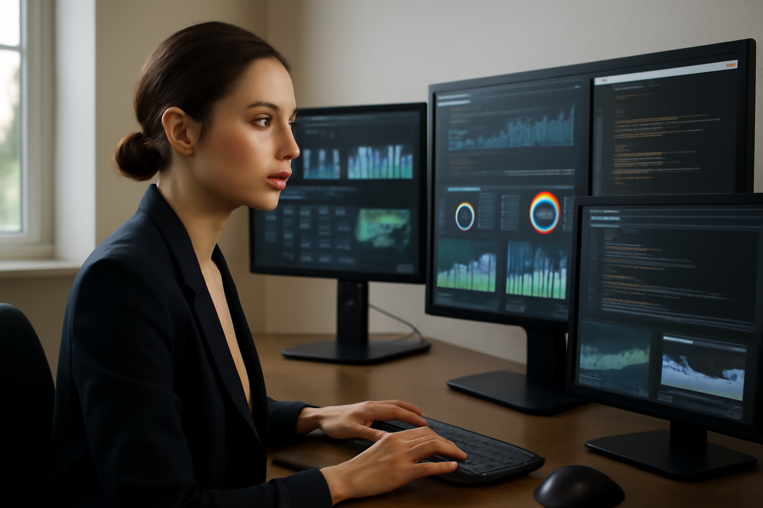 Photo éditoriale d'un professionnel devant plusieurs écrans affichant des tableaux de bord de données et des interfaces de web scraping, en environnement de bureau moderne, illustrant l'automatisation des workflows no-code et le web scraping éthique.