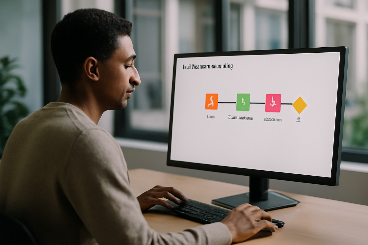 Workflow automatisé dans n8n pour web scraping éthique sur ordinateur avec éléments visuels de données, graphiques et interfaces web
